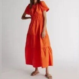 Quince 100% Organic Cotton Poplin Tiered Maxi Dress Orange Small Like New